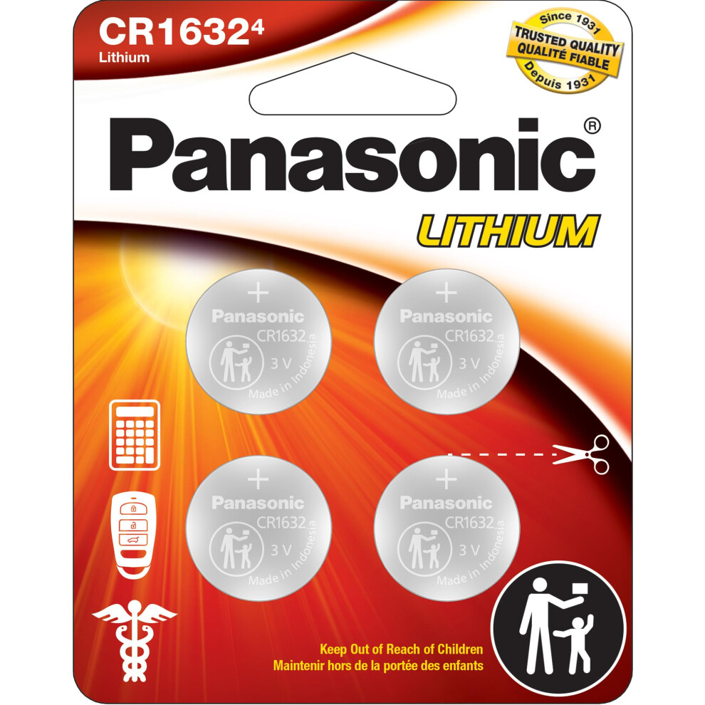 Panasonic Cr1632 3.0 Volt Long Lasting Lithium Coin Cell Batteries In Child Resistant, Standards Based Packaging, 4-Battery Pack