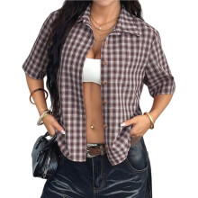 Women Button Down Shirts V Neck Collared Crop Tops Vintage Slim Fit Blouse Brown XL