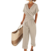 Women Short Sleeve Front Crisscross Tie Waist Belted Wide Leg Pant with Pockets Beige M