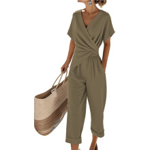 Women Short Sleeve Front Crisscross Tie Waist Belted Wide Leg Pant with Pockets Khaki XL