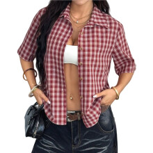 Women Button Down Shirts V Neck Collared Crop Tops Vintage Slim Fit Blouse Red M