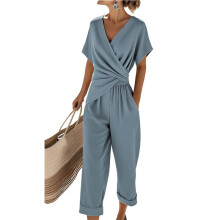 Women Short Sleeve Front Crisscross Tie Waist Belted Wide Leg Pant with Pockets M