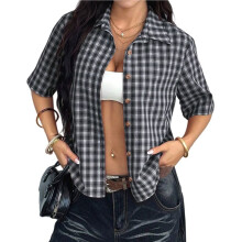 Women Button Down Shirts V Neck Collared Crop Tops Vintage Slim Fit Blouse Black L
