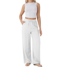 Women Wide Leg Linen Pants with Pocket High Waisted Lounge Palazzo Pant White M