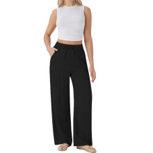 Women Wide Leg Linen Pants with Pocket High Waisted Lounge Palazzo Pant Black XXXL