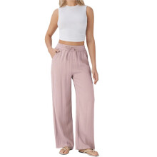 Women Wide Leg Linen Pants with Pocket High Waisted Lounge Palazzo Pant Lotus Root Color L