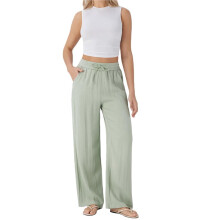 Women Wide Leg Linen Pants with Pocket High Waisted Lounge Palazzo Pant Light Green XL