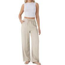 Women Wide Leg Linen Pants with Pocket High Waisted Lounge Palazzo Pant Apricot Color XXXL