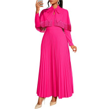 Women'S Rose 2 Piece Set with Long Sleeve Pleated A- Dress and Tasseled Shawl Rose Red XXL