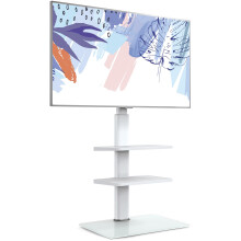 FITUEYES White TV Floor Stand for 32 to 60 inch TVs, Floor Standing TV Stand with 2 Adjustable Shelves, Swivel Bracket, Height Adjustable, Holds 30kg