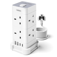 VonHaus Tower Extension Lead (3250W 13A), Surge Protection Extension Socket with 8 AC Outlets, 2 USB Ports & 2 USB-C Ports for Faster Charging, 2M