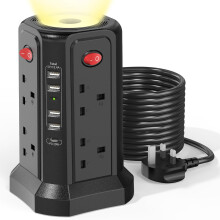 Extension Lead with USB Slots and 20W USB C Fast Charger, (13A 3250W) 5 USB Ports and 8 Way Extension Tower, Surge Protected Extension Lead with Nigh