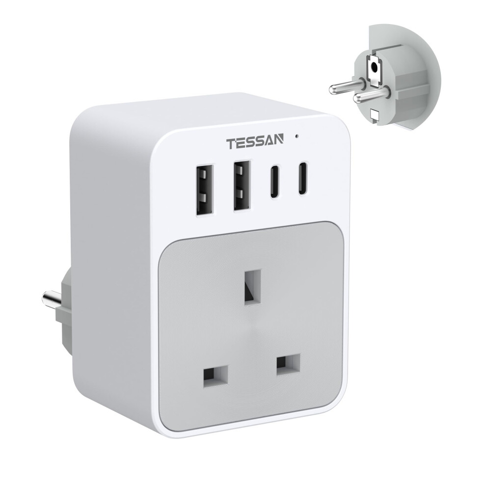Tessan Uk To European Plug Adapter, 5 In 1 Travel Adapter With 2 Usb C And 2 Usb A, 3250W European Plug Adaptor, Type E F Travel For Spain France Tur 5007267038352