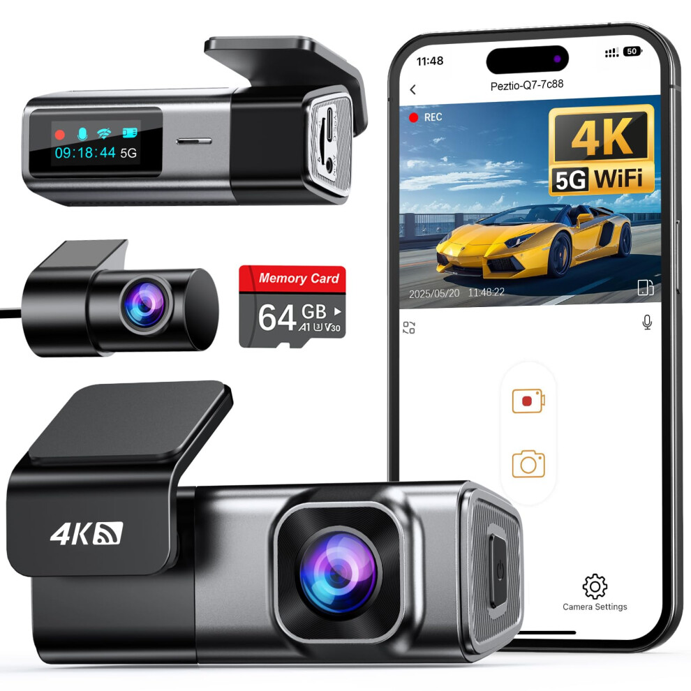 Navycrest 4K Dash Cam Front And Rear With 64Gb Card, Built-In 5G Wifi, Dash Camera For Cars 4K Front And 1080P Rear, Dashcams For Cars Loop Recording 40550770