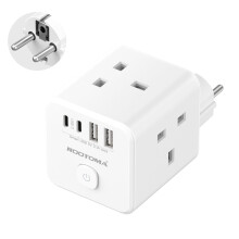 UK to European Plug Adapter with 4 USB Ports(2 USB C), Cube European Plug Adapter for Germany, Spanish, France, Turkey, Italy, Egypt, Greece, Portuga