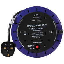 Pro Elec PEL00803 13A 2-Gang Cassette Reel mains Extension with 2x USB Charging Ports, 10 m