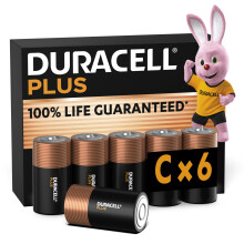 Duracell Plus C Batteries (6 Pack) - Alkaline 1.5V - 100% Life Guaranteed - Reliability For Everyday Devices - 0% Plastic Packaging - 10-Year Storage