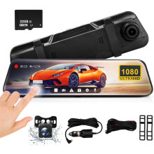 Dash Cam Front and Rear, 10'' FHD IPS Touch Screen Dual Dashcam, 1080P 4K Mirror Dash Cam, 170 Wide Angle, Super Night Vision, Loop Recording, 24H P