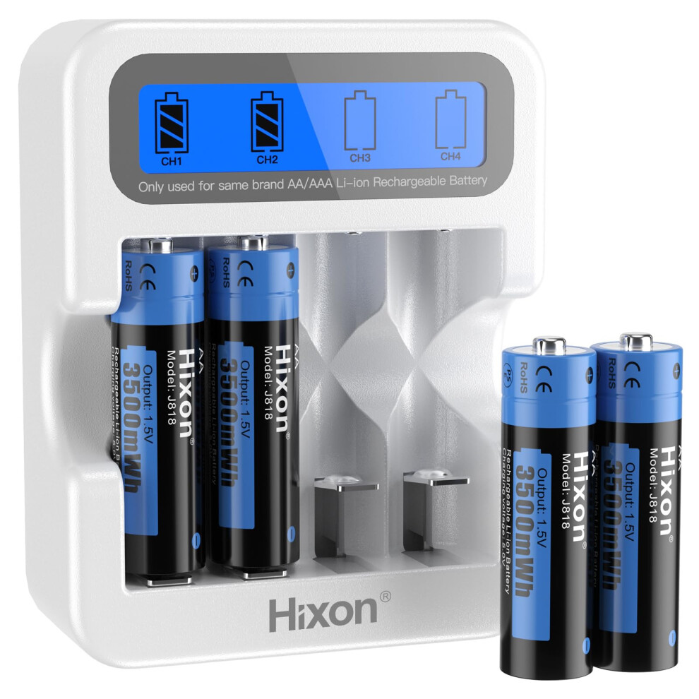 Hixon Aa Rechargeable 1.5V Lithium Battery, 4 Pack Li-Ion Aa Batteries With Lcd Charger, 3A High Current Output,3500Mwh High Capacity, 1.5V Constant 5000803783457