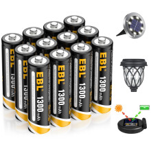 EBL AA Rechargeable Batteries for Solar Lights, 1.2V 1300mAh Ni-MH Pre-Charged AA Solar Batteries for Garden Lights, String Lights (Pack of 12)