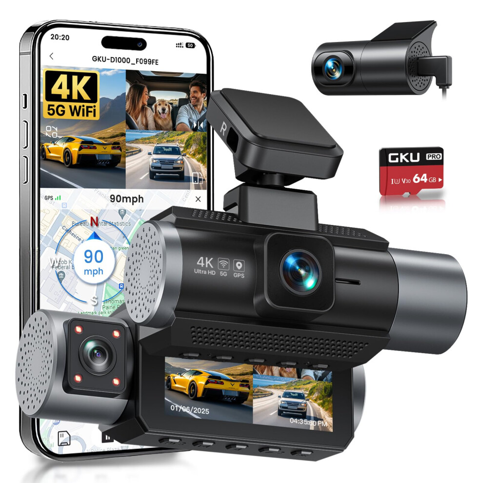 Gku 4K 3 Channel Dash Cam,5G Wifi Dashcam,4K+1080P 74258895