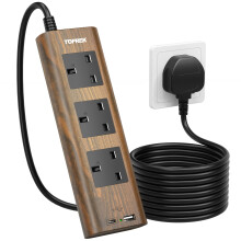 TOPREK Wood Grain 3 Way Extension Lead with USB Sl