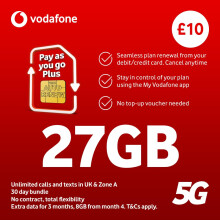 Vodafone Pay As You Go Plus SIM, 27GB Data, Unlimi