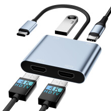 USB C to Dual HDMI Adapter, 4 in 1 HDTV Splitter for Du-al Monitors 4K, PD 100W,USB 2.0, Du-al HDMI A-dapter for 2 M-onitors HDTV Dual Monitor Adapte