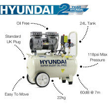 Hyundai 24L OilFree Low Noise Air Compressor 750W 1hp 52CFM 118psi Po