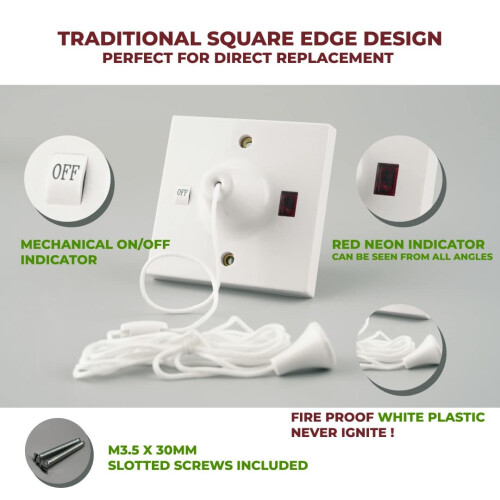 WK Electrical - White 45A Double Pole Shower Ceiling Pull Cord Switch with Mechanical & Neon Indicator 1