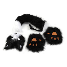 Set di guanti con copri-volto a forma di volpe, coda, accessori per cosplay in pelliccia sintetica, nero/bianco