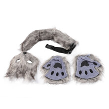 Guanti con copri-faccia e coda di volpe in grigio scuro, set con pelliccia sintetica, accessorio da cosplay