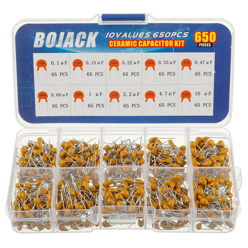 Bojack 10 Type 650Pcs Ceramic Capacitor Assortment Kit Capacitors From 0.1Uf/100 Nf To 10 Uf In A Box 64244723