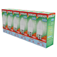Eveready LED B22 Candle Bulb 4.9W Replaces 40W Daylight (6500k) 470 Lumens Non-Dimmable Light Bulb. 6 Pack