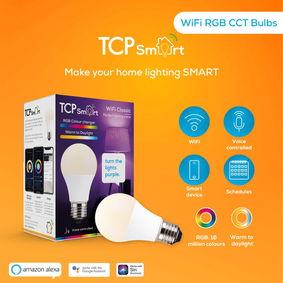 Tcp Smart Wi-Fi Led Lightbulb Classic E27 Colour Tuneable & Colour Changing Dimmable, Rgb White 37121563
