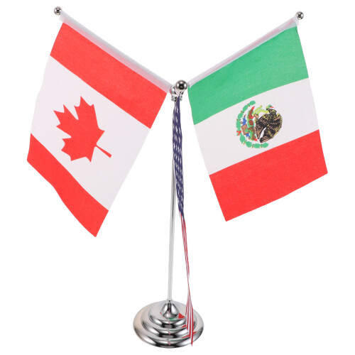 2Sets Silver Indoor Flag Pole with Base - Usa Mexico Canada Desk Flags 1