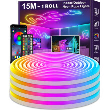 NUERPO 15m Led Neon Strip Lights,Flexible Led Rope Lights,IP65 Outdoor RGB Neon String Lighting,Control with App/Remote,Multiple Modes,Music Sync Gam