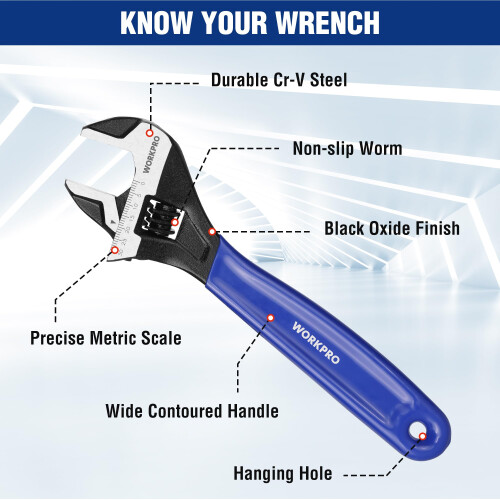 WORKPRO 200 mm Wide Mouth Adjustable Wrench, Metric Adjustable Spanner with Bi-Material Soft Grip 1