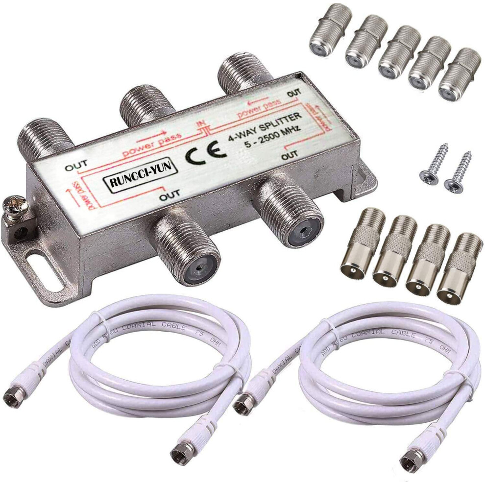 Runcci-Yun 4 Way Satellite Tv Aerial Splitter - F Type, 5-2500Mhz With 2 X 1.5M Coax Cable And 4 X F Plugs + 5 X F Sockets 5000873072659