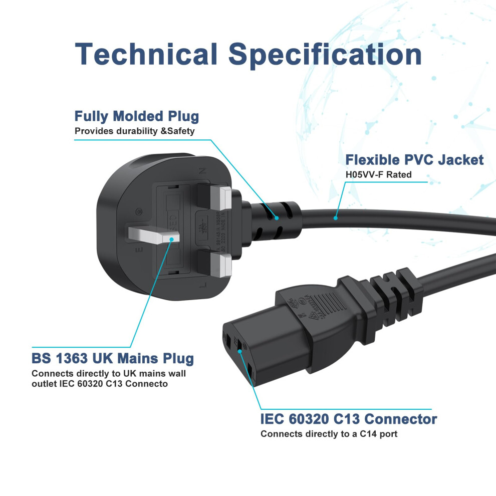 1.5M/5Ft Uk Plug 13A 250V Power Cable 3 Prong Power Cord For Ps3 Computers,Tvs,Monitors,Lg Led Lcd Smart 1080P Hdtv,Samsung,Acer,Epson Printer Ac Cab 5003933208593