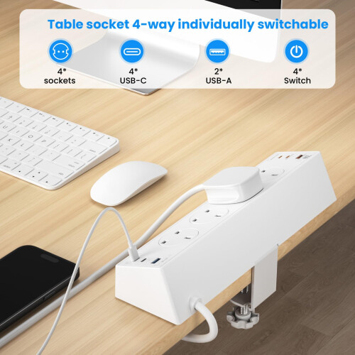 Desk Power Socket USB C 20W, 4 Way Desktop Socket Individually Switchable with 4 USB C and 2 USB A, Desk Extension Lead, Overload Protected Power Str 1