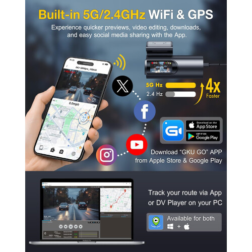 GKU 4K Dash Cam Front and Rear, 5GHz WiFi GPS, Dua 2