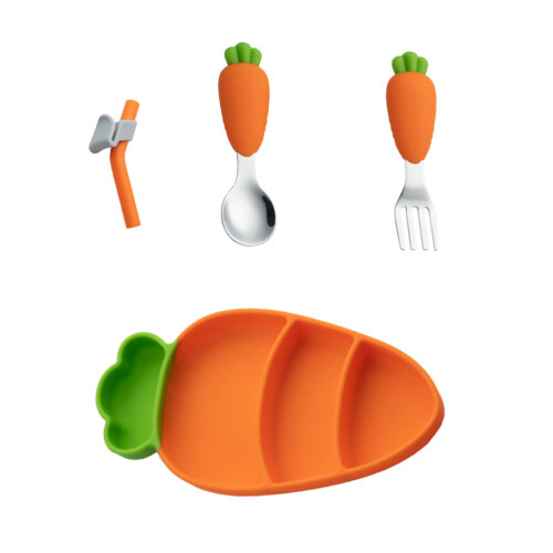 2Ensembles Plats Séparés Bébé Silicone Acier Orange Résistants 2