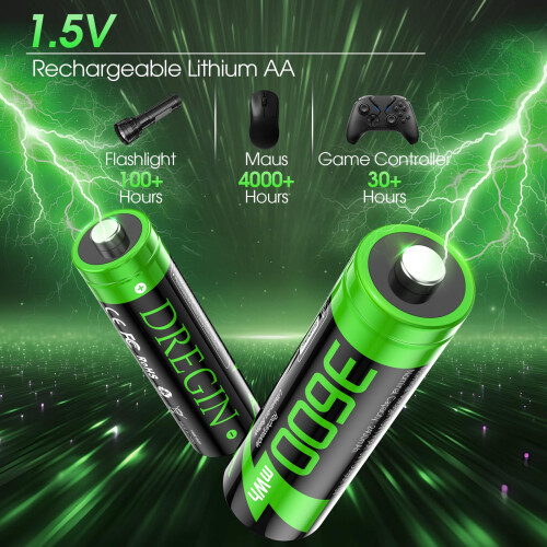Dregin Lithium AA Rechargeable Batteries 12 Pack w 1