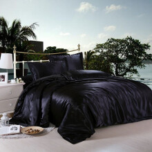 (Black, King) 4pc Comfortable Satin Silk Fitted Sheet Bed Flat Sheet Bedding Set Case Pillow