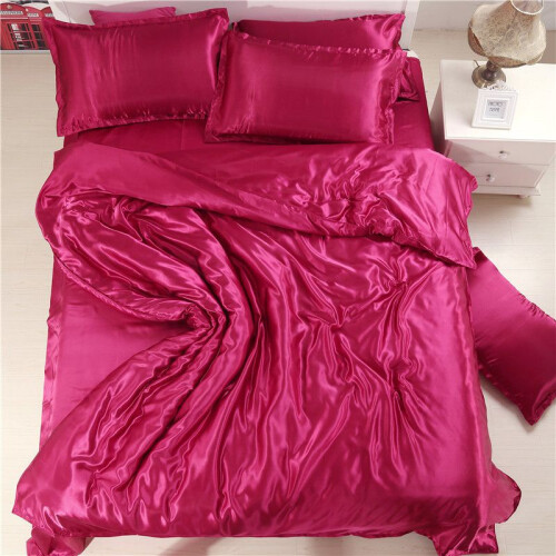(Wine Red, Queen) 4pc Comfortable Satin Silk Fitted Sheet Bed Flat Sheet Bedding Set Case Pillow
