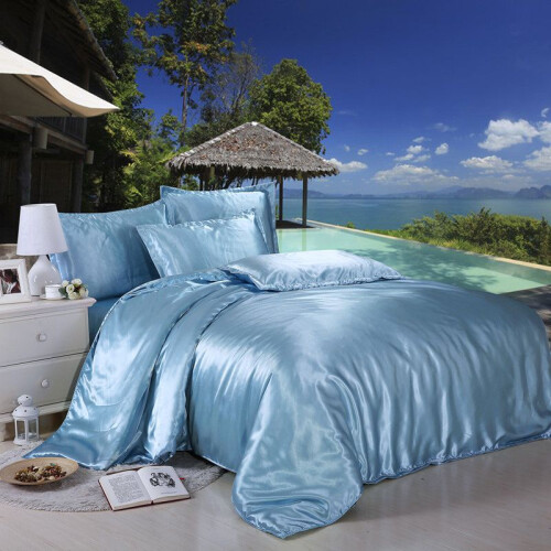 (Light Blue, Queen) 4pc Satin Comfortable Silk Fitted Sheet Bed Flat Sheet Bedding Set Case Pillow