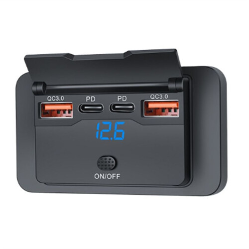 4- 12V 108W Dual PD+Dual QC3.0 USB Charger W/ Digital Voltmeter  Socket Power Outlet Panel Adapter