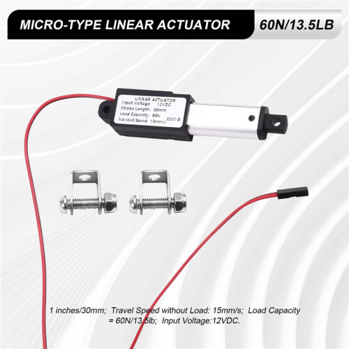 Micro-Type Linear Actuator,1In Stroke,60N/13.5lb,Speed 15mm/S  Electric Waterproof Actuator Motor LinearActuator 12V 1