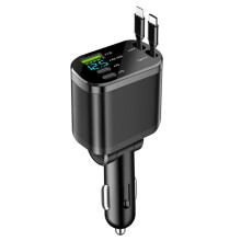 Car Charger Adapter Fast Charging USB Type C Car Charger with Retractable Type C Cords Cable Multi Port Car Adapter
